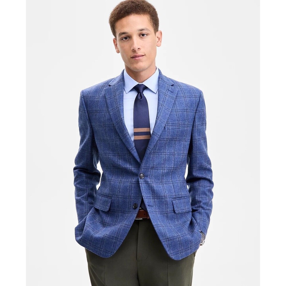 $375 NEW TOMMY HILFIGER MENS 46R DENIM CHECK WOOL BLAZER SPORT COAT SUIT JACKET